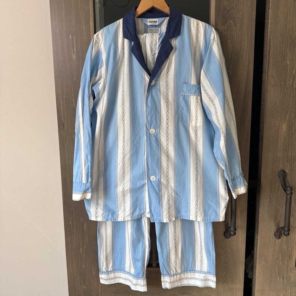 Vintage 1950s Set Textron Striped Cotton Pajamas Camp Collar Mens Size A (Small)